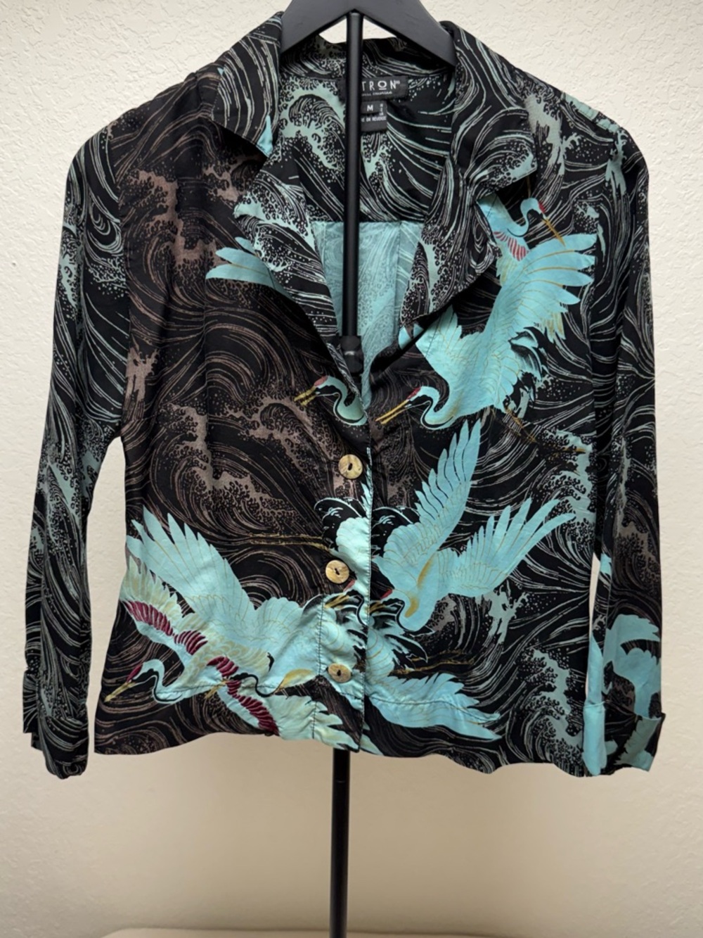 Tribal Black and Aqua Crane-Print Button Front Top
